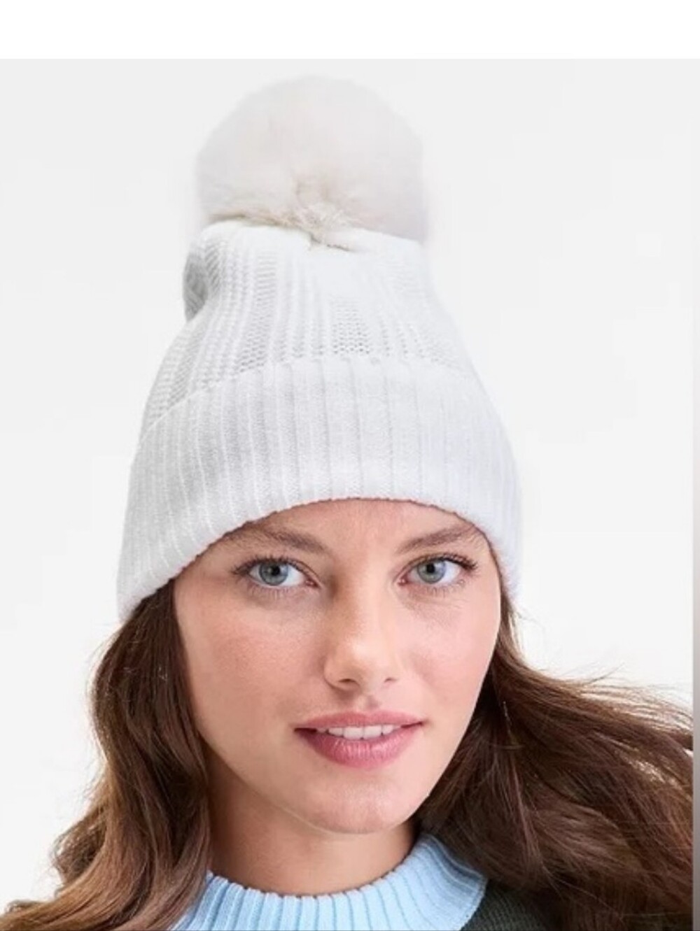 On 34th beanie.  This white cable-knit beanie With A Pom Pom. Gift. NWT